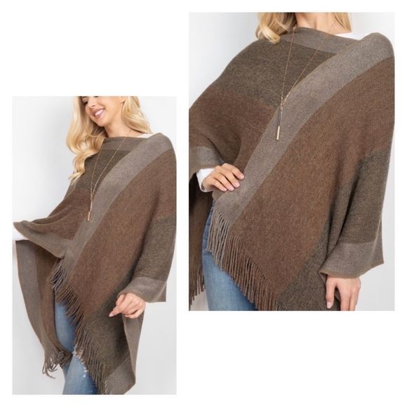 NEW 🍁 Fringe Poncho / Colorblock - Picture 2 of 2